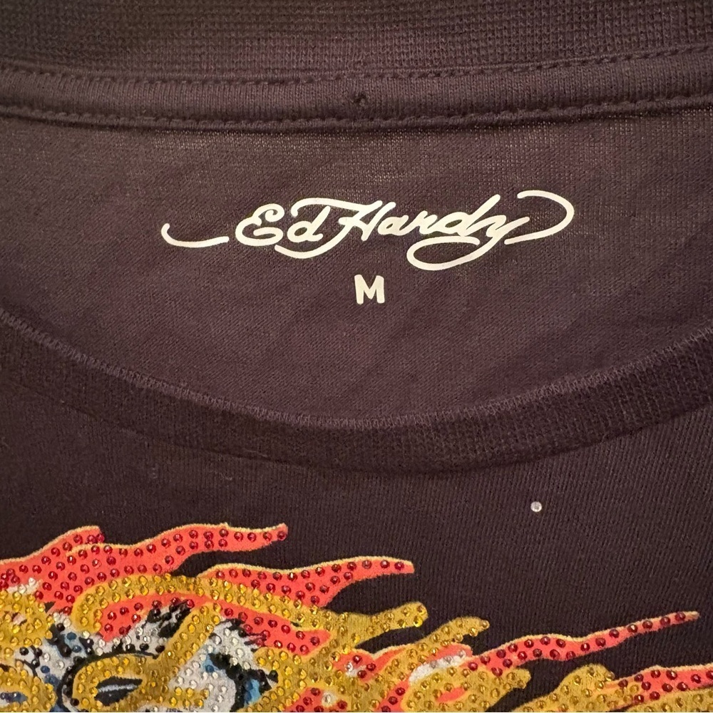 NWT~ED HARDY Black Tiger Skull Rhinestone Embellished Graphic Crop Top-Medium - Picture 5 of 7